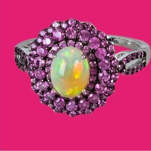 925 Sterling Silver With Natural White Opal & Pink Sapphire Gemstones.